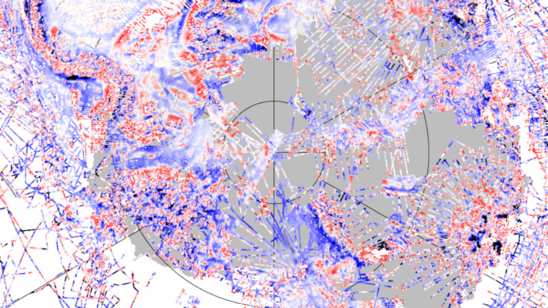 Map of Antarctica overlaid by red, white, and blue points representing magnetic measurements. The data coverage has a lot of gaps.