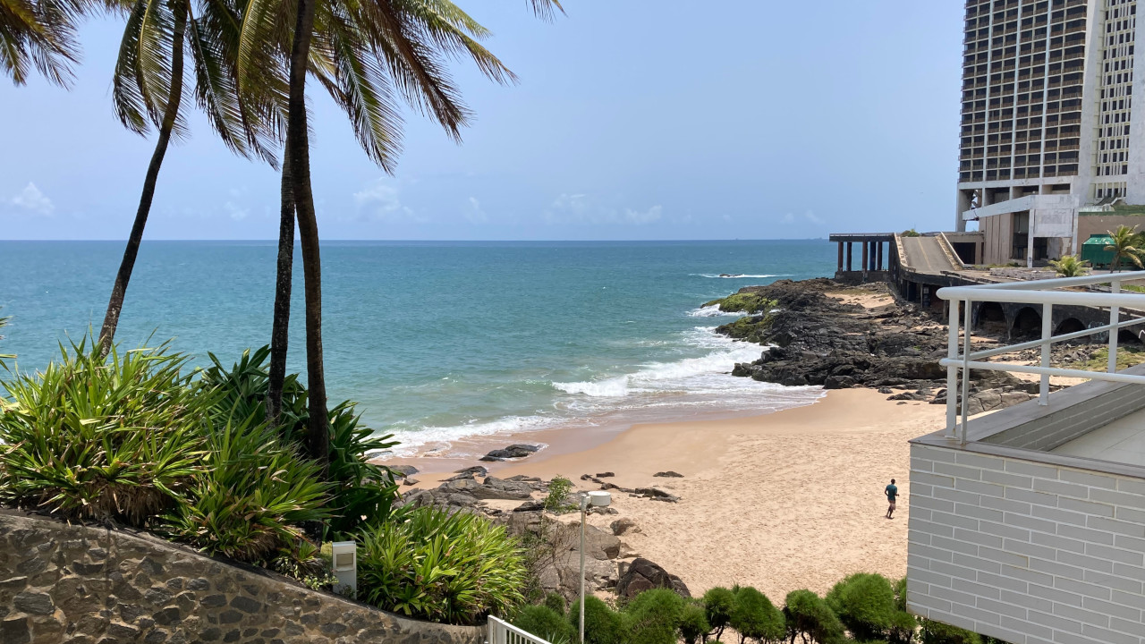 View of a small beach with white sand, some palm trees on the left and a big hotel building on the right